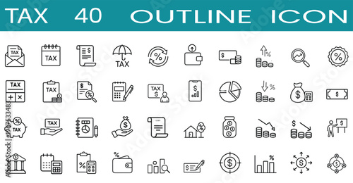 Financial tax and accounting outline icon set featuring tax payment calculator, government document form, business budget, savings piggy bank, and bank money vector illustration on editable stroke