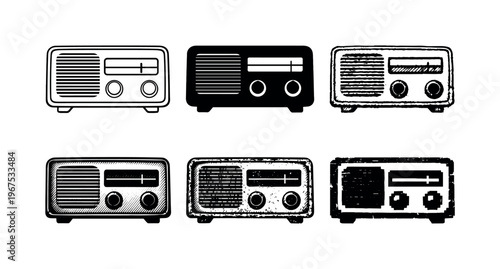 Vintage tabletop radio with speaker grille and control knobs designed for home audio listening | Create ONE image containing