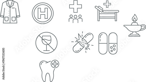 Medical icons, healthcare symbols, hospital graphics, patient care visuals, dental health, medication, nursing, prohibition signs, wellness, diagnostics