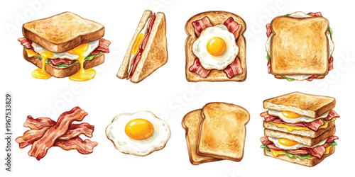 Watercolor set of bacon and fried egg sandwiches with toast slices isolated on transparent background