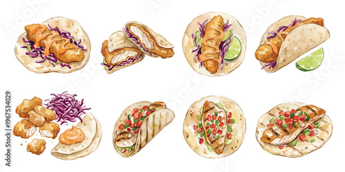 Watercolor set of assorted fish and chicken street tacos with cabbage, salsa, and sauce isolated on transparent background