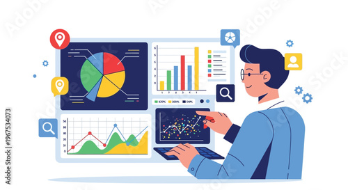 Man analyzing data on laptop with various colorful charts and graphs surrounding him closely