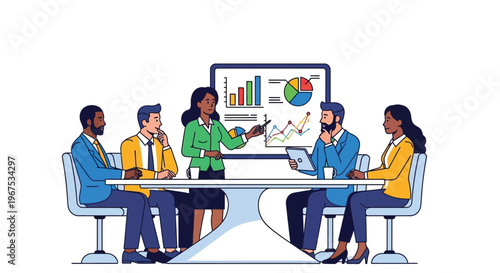 Business team engaged in a meeting with a presentation on a screen