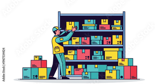 Warehouse worker organizing colorful boxes on shelves in a busy storage room environment efficiently