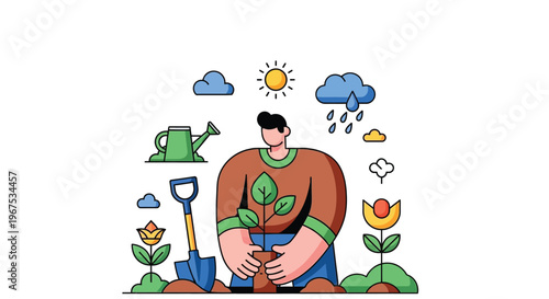 Man planting a sapling in the ground with gardening tools around him outdoors