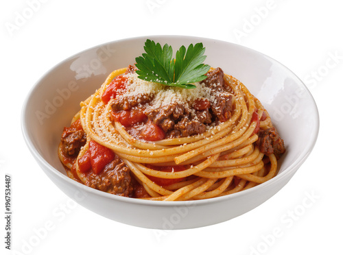 Fotografie Isolated delicious spaghetti bolognese with rich meat sauce, parmesan cheese, an