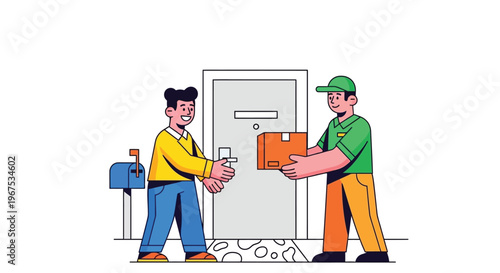 Delivery man handing a package to a smiling homeowner at the doorstep with a mailbox
