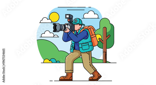 Man taking a photo with a large camera in a natural outdoor setting with trees
