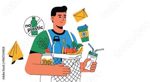 Man holding reusable bag and cup with no plastic symbol nearby