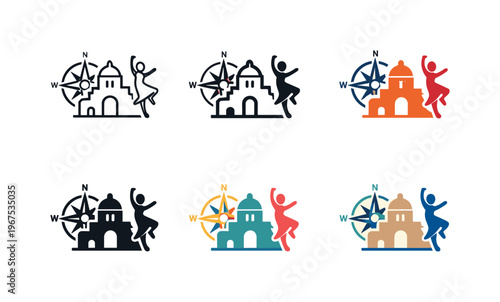 Visual metaphor for tradition centered excursions depicted as a historic monument outline paired with a compass rose and a subtle