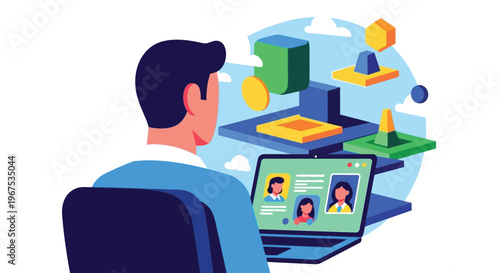 Man sitting at desk working on laptop with virtual business meeting and 3d design elements