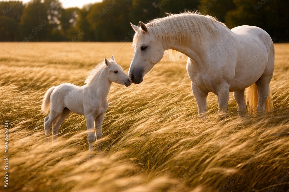 Fototapeta premium White hourse and her cub are spending time in the wheat field