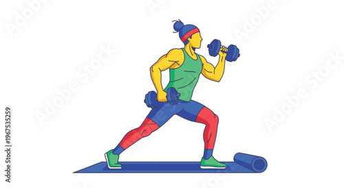Man doing lunges with dumbbells on a yoga mat in a colorful vector illustration design