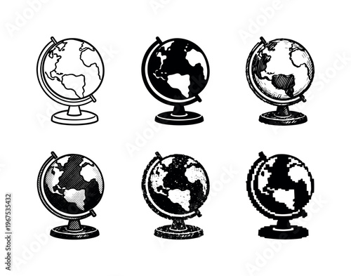 Desktop globe model with tilted axis and base used for learning about countries and continents | Create ONE image containing