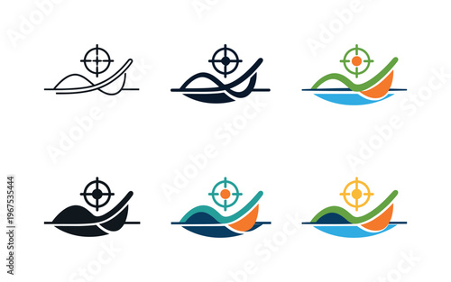 Emblem communicating anticipation of business cycles, formed by an ascending curve intersecting a subtle horizon line and a