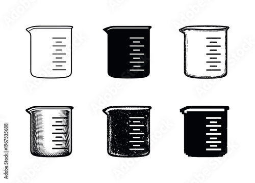 Chemistry beaker with measurement markings and small spout designed for laboratory experiments | Create ONE image containing