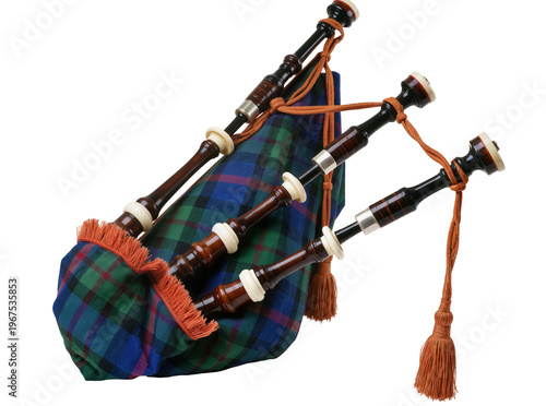 Obraz na płótnie Isolated traditional Scottish bagpipes featuring a distinctive plaid bag and pol