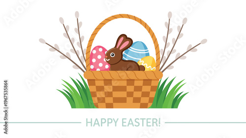 Easter Basket with Chocolate Bunny, Decorated Eggs, Pussy Willow Branches and Green Grass, Isolated on White Flat Vector Illustration, Happy Easter Greeting