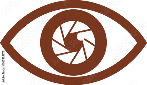 Brown eye with camera aperture symbol in the center iris