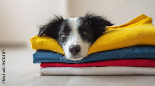 Black-and-white dog resting on a pile of colorful shirts