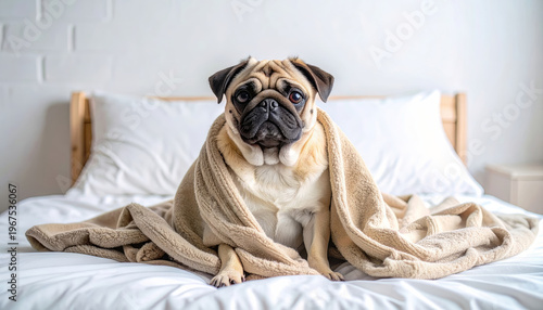 Pug dog wrapped in beige blanket sitting on bed
