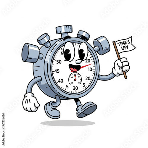 Cartoon Stopwatch Character with Flag.
