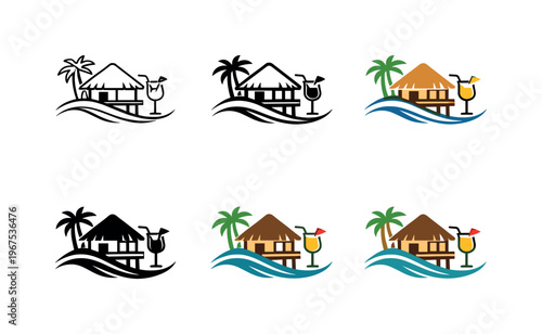 Concept illustrating premium holiday atmosphere through an abstract beachfront bungalow merged with a flowing wave line and a