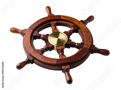 Fotografie Isolated classic marine captain's wooden boat steering wheel with polished brass