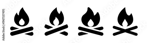 Four stylized campfire icons showing different arrangements of wood and flames.