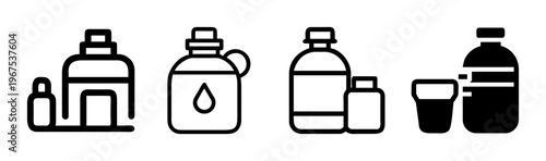 Water bottle and canteen icons for hydration and travel.