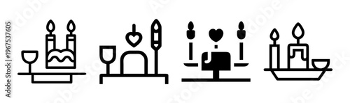 Romantic candlelit dinner icons with cake and wine glasses.
