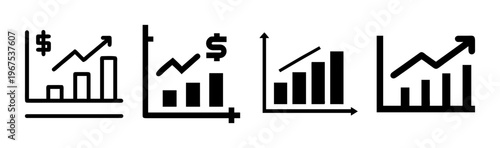 Set of four icons depicting financial growth with dollar signs and upward trending charts.