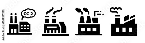 Set of four factory icons symbolizing carbon capture technology and industrial emissions.