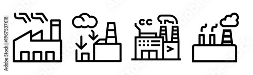 Set of four line art icons representing carbon capture technology and industrial pollution.