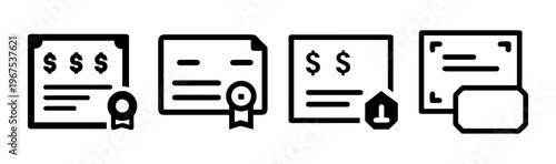 Carbon credit certificate icons with dollar signs and seals, representing offset.