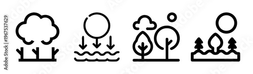 Carbon sink icons with trees and sun, illustrating absorption and environmental balance.