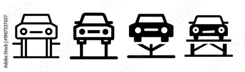 Car lift icons for auto repair service, set of 4 vehicle hydraulic elevator symbols, automotive workshop garage equipment vector illustrations