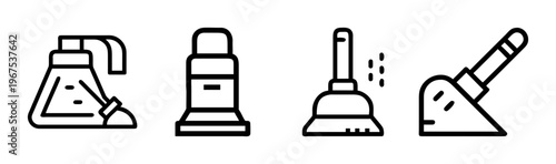 Collection of cleaning tool icons: carpet shampooers, plungers, and dustpan with broom.