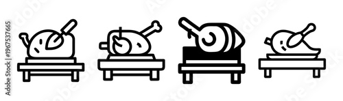 Carving station icons with roast meats like chicken and beef on wooden boards.