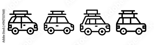 Set of four icon variations of a car with camping gear on the roof rack.
