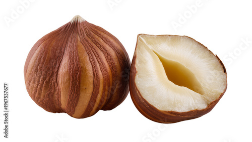 Canvastavla Whole and halved hazelnut with brown textured shell, isolated on transparent bac