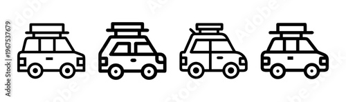 Set of four icon variations of a car with camping gear on the roof rack.