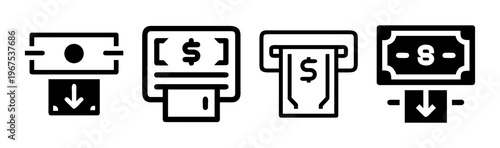 Set of four icon variations of cash withdrawal from an ATM machine.