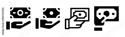 Hand holding and giving cash icons symbolizing payment, transaction, and financial exchange.