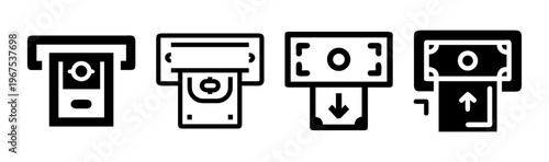 Cash advance and ATM withdrawal icons showing money insertion and retrieval from machines.