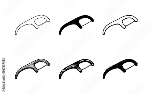 Dental floss pick with curved handle and short floss strand, designed to remove plaque between teeth | Create ONE image