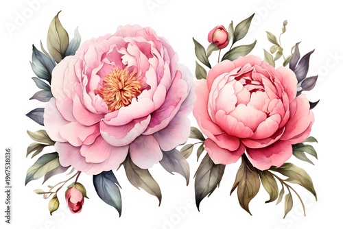 This graceful botanical artwork showcases fluffy pink peony blooms paired with foliage in cool green and muted blue tones. watercolor technique creates soft edges and gentle color pure white backdrop