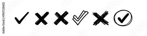 Set of hand-drawn black checkmarks and crosses. Doodle style tick and X icons isolated on white background. Graphic design elements for checklists, polls, and voting.