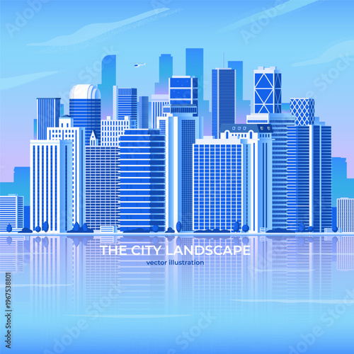 Modern urban landscape with glass sky scrapers and buildings reflected in the water. Abstract clean city skyline. Vector flat illustration with gradients.