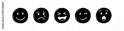 Set of five black minimalist emoji icons representing different emotions: happy, sad, laughing, winking, and surprised. Hand-drawn style facial expressions on a white background.
